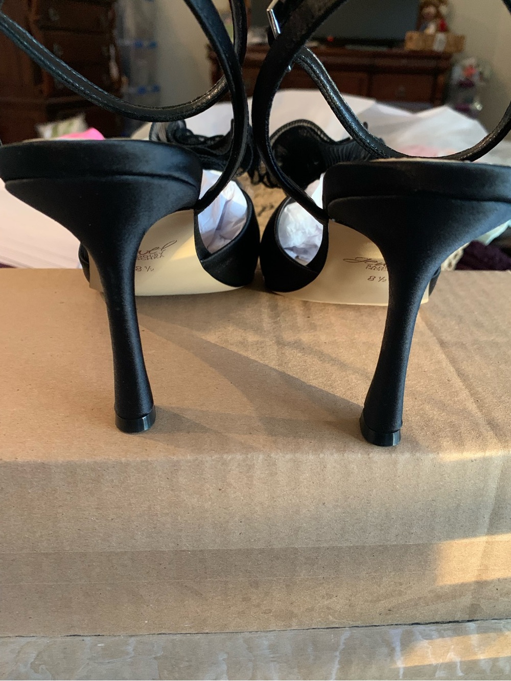 Jewel Badgley Mischka Black Satin Ankle-Strap Heels with Floral Applique - Picture 3 of 5